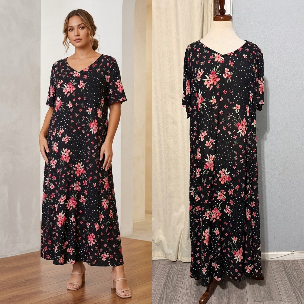 Woman Within Lagen Look Dress Size 18/20 L Petite Black Floral Maxi Short Sleeve
